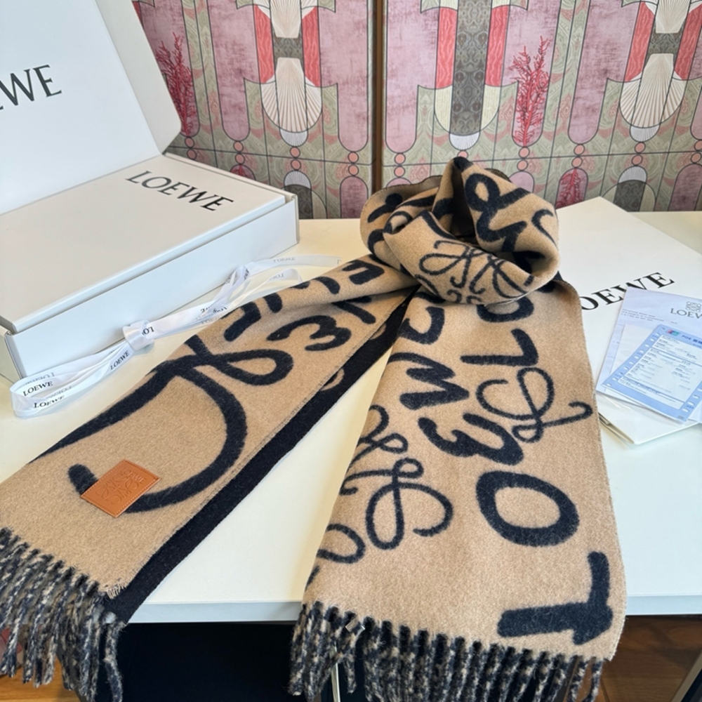 Loewe Graffiti Logo Wool Fringe Scarf with Full Box Set